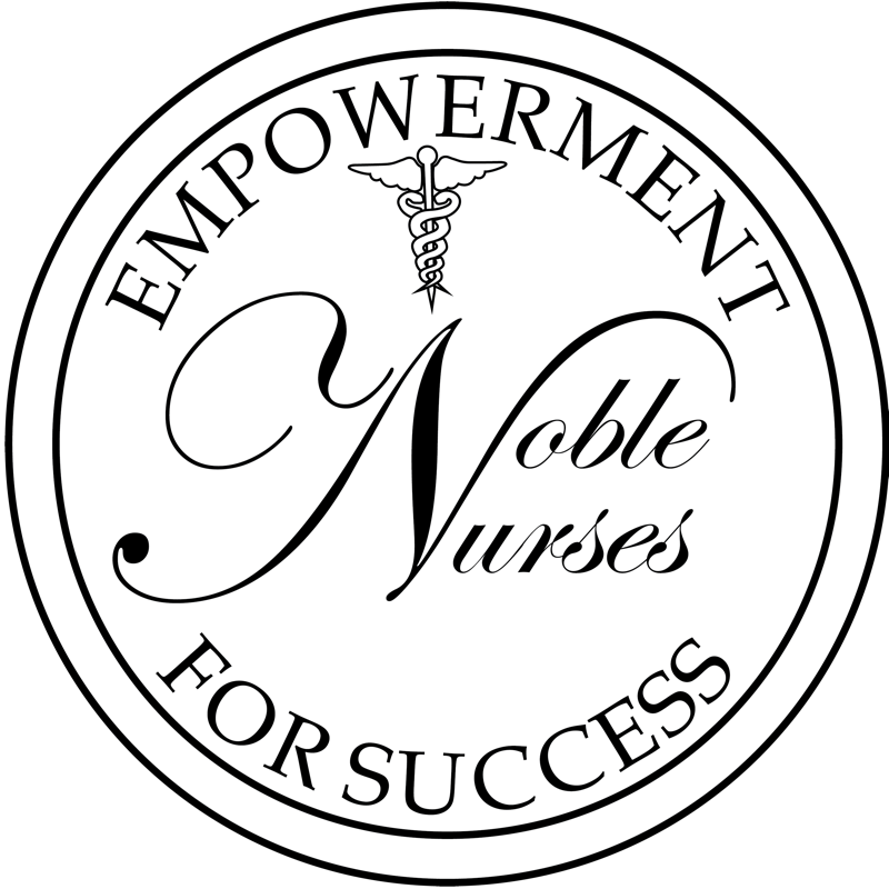 Noble Nurses Logo. A round white circle with the words Noble Nurses Empowerment for Success. There is a single large letter N in script that is used for both Noble and Nurses.